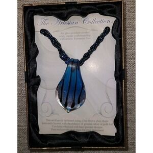 The Artisan Collection Art Glass Pendant‎ Necklace Handcrafted Blue Beaded Chain
